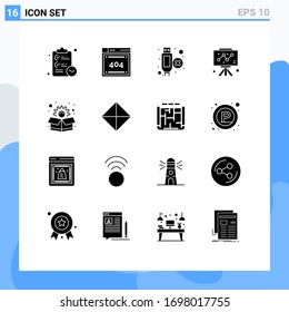 16 Universal Solid Glyphs Set for Web and Mobile Applications box; marketing; cable; graph; business Editable Vector Design Elements