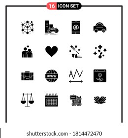 16 Universal Solid Glyphs Set for Web and Mobile Applications heart; love; mobile; couple; vehicle Editable Vector Design Elements