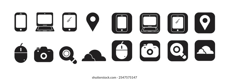 16 Iconos actualizados, Móvil, Portátil, Pestaña, Locación, Ratón, Cámara, Búsqueda, Nube, Fondo blanco y variación de color negro, Iconos útiles, Símbolos y Señales.