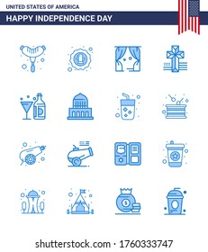 16 USA Blue Pack of Independence Day Signs and Symbols of american; bebida; entretenimiento; iglesia; elementos de diseño de vectores de USA Day editable estadounidense