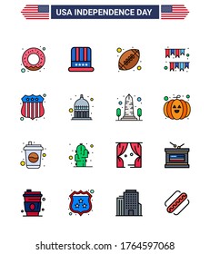 16 USA Flat Filled Line Signs Independence Day Celebration Symbols of investigating; party; rugby; decoration; garland Editable USA Day Vector Design Elements