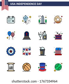 16 Símbolos de celebración del Día de la Independencia de los Estados Unidos de América con una línea plana; alimentos; monumento; yummy; Donut Editable USA Day Vector Elementos de diseño