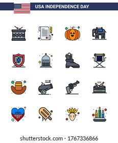 16 carteles de la línea plana de EE.UU. con símbolos de celebración del Día de la Independencia de indiana; protección; alimentos; americano; elementos de diseño de vectores de USA Day editable estadounidense