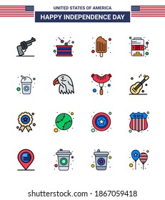 16 USA Flat Filled Line Signs Independence Day Celebration Symbols of bottle; slot; independence; machine; ice cream Editable USA Day Vector Design Elements
