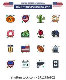 16 USA Flat Filled Line Signs Independence Day Celebration Symbols of dollar; food; plent; donut; yummy Editable USA Day Vector Design Elements