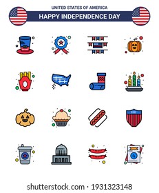 16 USA Flat Filled Line Signs Independence Day Celebration Symbols of food; french fries; buntings; chips; pumpkin Editable USA Day Vector Design Elements