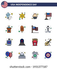 16 USA Flat Filled Line Pack of Independence Day Signs and Symbols of stage; usa; party; usa; flag Editable USA Day Vector Design Elements