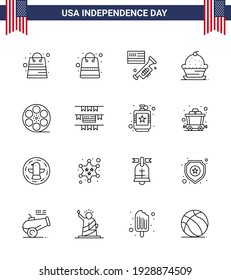 16 USA Line Pack of Independence Day Signs and Symbols of buntings; video; cake; play; thanksgiving Editable USA Day Vector Design Elements