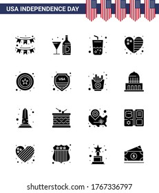 16 USA Solid Glyph Signs Independence Day Celebration Symbols of usa; country; bottle; heart; summer Editable USA Day Vector Design Elements