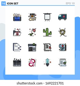 16 User Interface Flat Color Filled Line Pack of modern Signs and Symbols of van; medical; media player; truck; stand Editable Creative Vector Design Elements