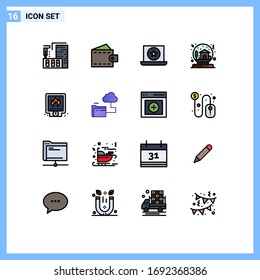 Paquete de línea de color plano de 16 interfaces de usuario con modernos signos y símbolos mecánicos; globo; adjudicación; regalo; elementos de diseño de vectores creativos editables para intestino