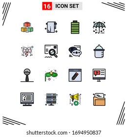 16 User Interface Flat Color Filled Line Pack of modern Signs and Symbols of wine; drink; battery; umbrella; protection Editable Creative Vector Design Elements
