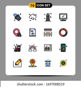 16 User Interface Flat Color Filled Line Pack of modern Signs and Symbols of pc; device; reload; monitor; building Editable Creative Vector Design Elements