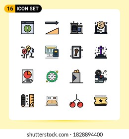 16 User Interface Flat Color Filled Line Pack of modern Signs and Symbols of multimedia; balloon; canned food; think; learning Editable Creative Vector Design Elements