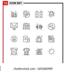 16 Conjuntos de Contorno de Interfaz de Usuario de Signos y Símbolos modernos de mensaje; auriculares; casa; hardware; elementos de diseño de vectores editables de audio