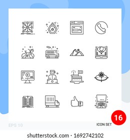 16 User Interface Outline Pack of modern Signs and Symbols of cycle; phone; internet; call; search Editable Vector Design Elements