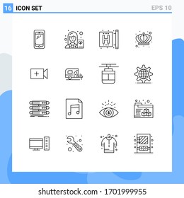 16 User Interface Outline Pack of modern Signs and Symbols of video; empire; writer; crown; form Editable Vector Design Elements