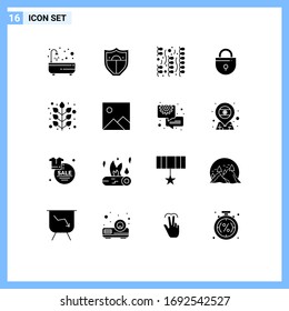 16 User Interface Solid Glyph Pack of modern Signs and Symbols of leaf; autumn; fireworks; security; lock Editable Vector Design Elements