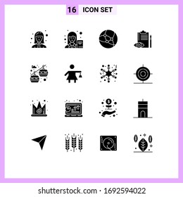 16 User Interface Solid Glyph Pack of modern Signs and Symbols of cable car; control; writer; checklist; quality control Editable Vector Design Elements
