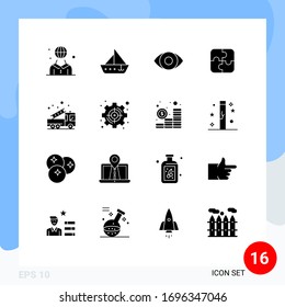 16 User Interface Solid Glyph Pack of modern Signs and Symbols of alarm; strategy; vehicles; parts; panorama Editable Vector Design Elements