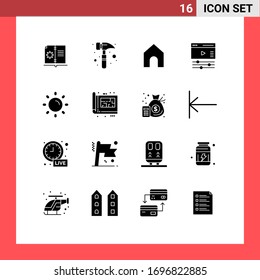 16 User Interface Solid Glyph Pack of modern Signs and Symbols of shine; light; instagram; brightness; video Editable Vector Design Elements