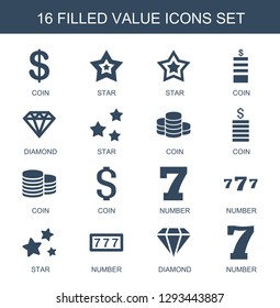 16 value icons. Trendy value icons white background. Included filled icons such as Coin, star, Diamond, number. value icon for web and mobile.