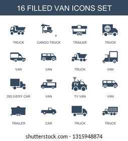 16 van icons. Trendy van icons white background. Included filled icons such as truck, cargo truck, trailer, delivery car, TV van, car. icon for web and mobile.