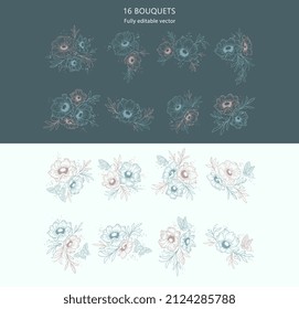 16 ramos vectoriales. Flores dibujadas en línea. Bouquets para el diseño de tarjetas de felicitación e invitaciones de boda. Ilustración vectorial.