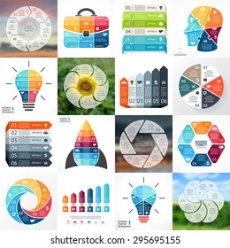 16 vector circle arrows infographics. Template for cycle diagram, graph, presentation and round chart. Business startup concept with 6 options, parts, steps, processes. Data visualization. Human face.