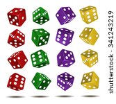 16 vector dice yellow, green, red, violet color on a white background