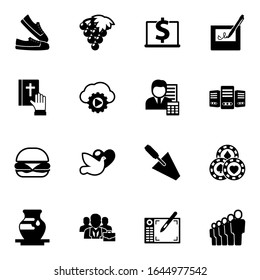 16 vector filled icons set isolated on white background. Icons set with sneakers, Winemaking, Computer-Based Training, vow, Streaming service, Accountant, burger, dove icons.