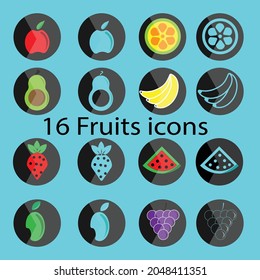 16 vector fruit icons suitable for buttons and stickers