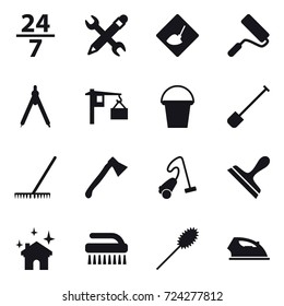 16 vector icon set : 24/7, pencil wrench, under construction, repair, drawing compass, bucket, shovel, rake, axe, vacuum cleaner, scraper, house cleaning, brush, duster, iron