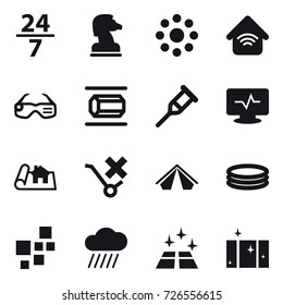 16 vector icon set : 24/7, chess horse, round around, wireless home, smart glasses, nanotube, project, tent, inflatable pool, rain cloud, clean floor, clean  window