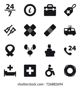 16 vector icon set : 24/7, info, hospital, first aid, invalid, lifebuoy