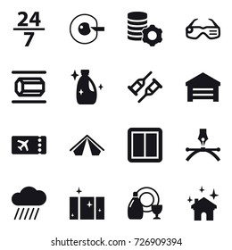 16 vector icon set : 24/7, cell corection, virtual mining, smart glasses, nanotube, cleanser, garage, ticket, tent, power switch, rain cloud, clean  window, dish cleanser, house cleaning