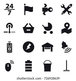 16 vector icon set : 24/7, flag, satellite, pencil wrench, laser, remove from basket, baby stroller, remote control, electricity, garage, bell, bucket, rake