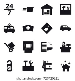 16 vector icon set : 24/7, delivery, warehouse, tools, under construction, atm, hotel, reception, do not distrub, repair tools, skyscrapers cleaning, house cleaning