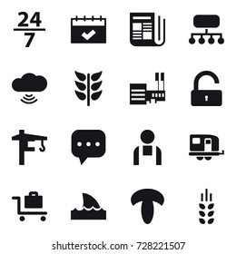 16 vector icon set : 24/7, calendar, newspaper, structure, cloud wireless, mall, unlock, tower crane, trailer, baggage trolley, shark flipper, spikelets