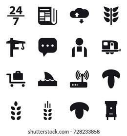 16 vector icon set : 24/7, newspaper, cloude service, tower crane, trailer, baggage trolley, shark flipper, spikelets, mushroom, hive
