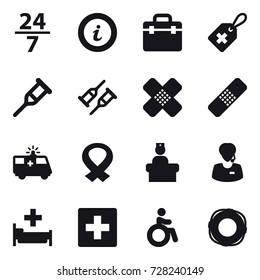 16 vector icon set : 24/7, info, hospital, first aid, invalid, lifebuoy