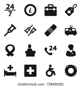 16 vector icon set : 24/7, info, hospital, first aid, invalid, lifebuoy