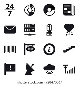 16 vector icon set : 24/7, circle diagram, newspaper, mail, server, crystall  memory, cardio chip, barcode, shop signboard, info, stairs, satellite antenna