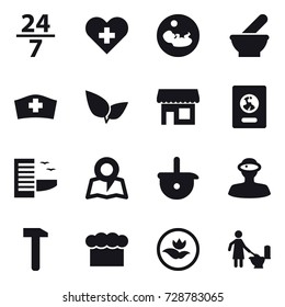 16 vector icon set : 24/7, shop, passport, hotel, map, chef  hat, ecology, toilet cleaning