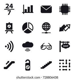 16 vector icon set : 24/7, graph, mail, chip, presentation, diagram, globe connect, up down arrow, wireless, cloud wireless, smart glasses, shop signboard, escalator, do not distrub, stairs