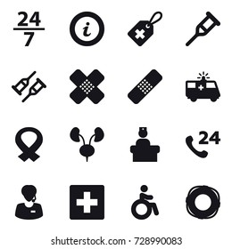 16 vector icon set : 24/7, info, first aid, invalid, lifebuoy