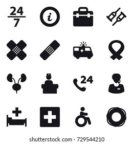 16 vector icon set : 24/7, info, hospital, first aid, invalid, lifebuoy