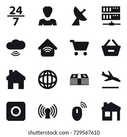 16 vector icon set : 24/7, woman, satellite antenna, server, cloud wireless, wireless home, cart, remove from basket, home, arrival, ring button, house