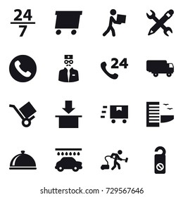 16 vector icon set : 24/7, delivery, courier, pencil wrench, phone, hotel, car wash, vacuum cleaner, do not distrub