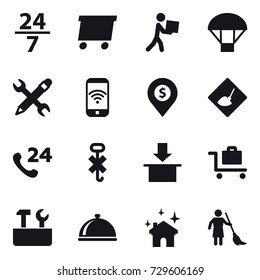 16 vector icon set : 24/7, delivery, courier, parachute, pencil wrench, phone wireless, dollar pin, under construction, baggage trolley, repair tools, house cleaning, brooming